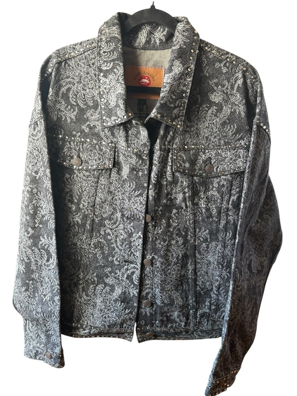 Marc Jacobs Crystal Embellished Lace Print Denim Jacket Black Silver NWT Medium